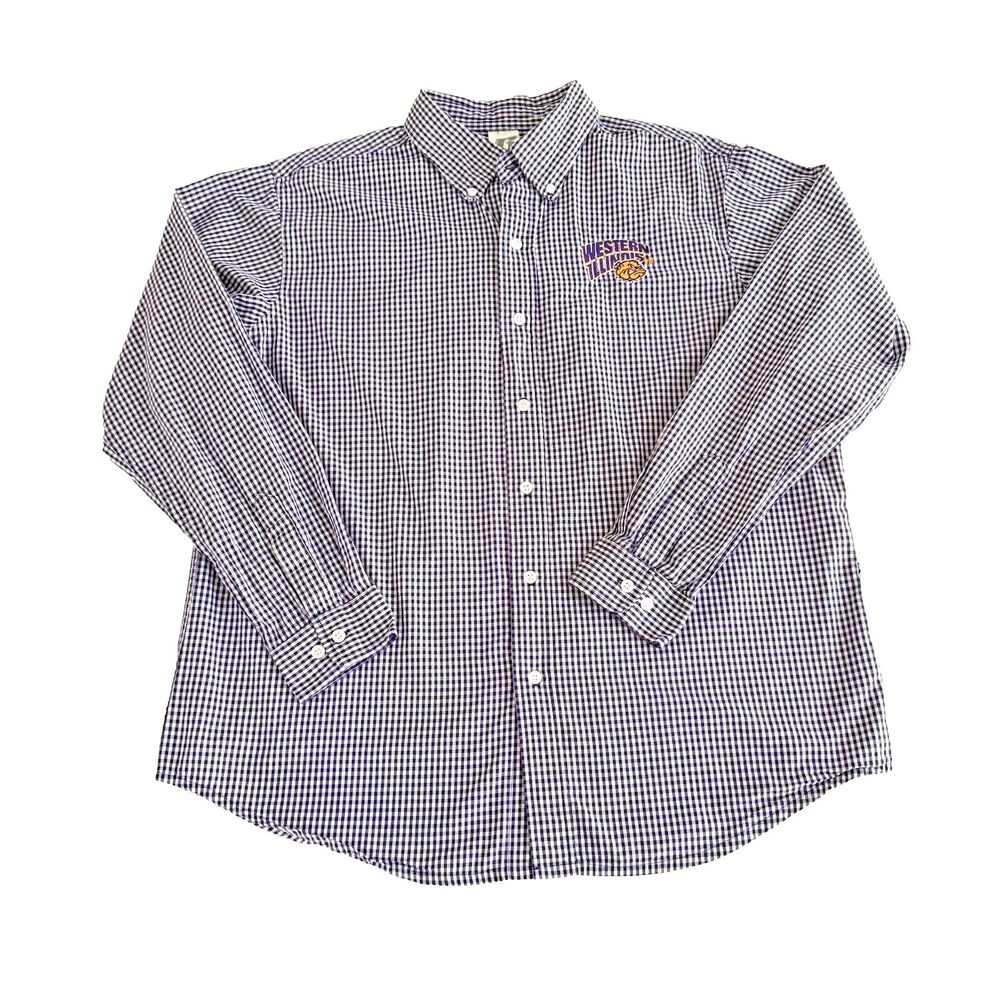 WIU Bulldogs Mens L 42/44 Gingham Checked Purple Embroidered Button Up Shirt EUC